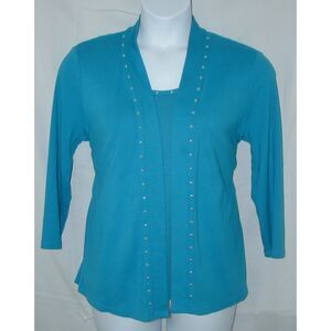 Blue Sz XL Soft Stretchy Cotton Studded Open Jacket & Tank Top 2 Pc Set RAFAELLA